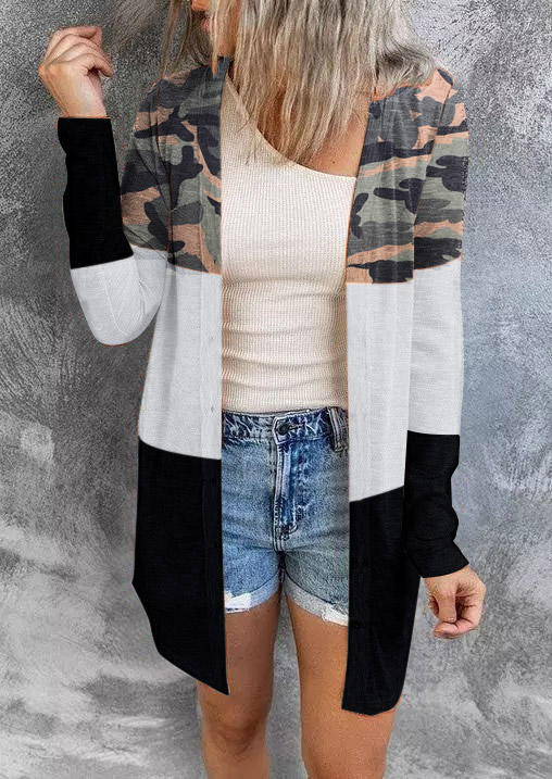 Cardigans Camouflage Color Block Long Sleeve Open Front Cardigan in Multicolor. Size: L,M,S,XL