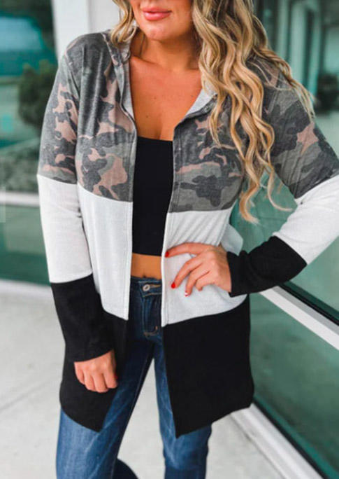 Camouflage Color Block Long Sleeve Open Front Cardigan