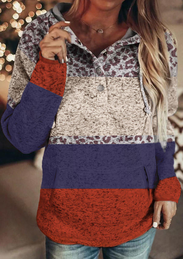 

Hoodies Leopard Color Block Button Pocket Hoodie in Multicolor. Size
