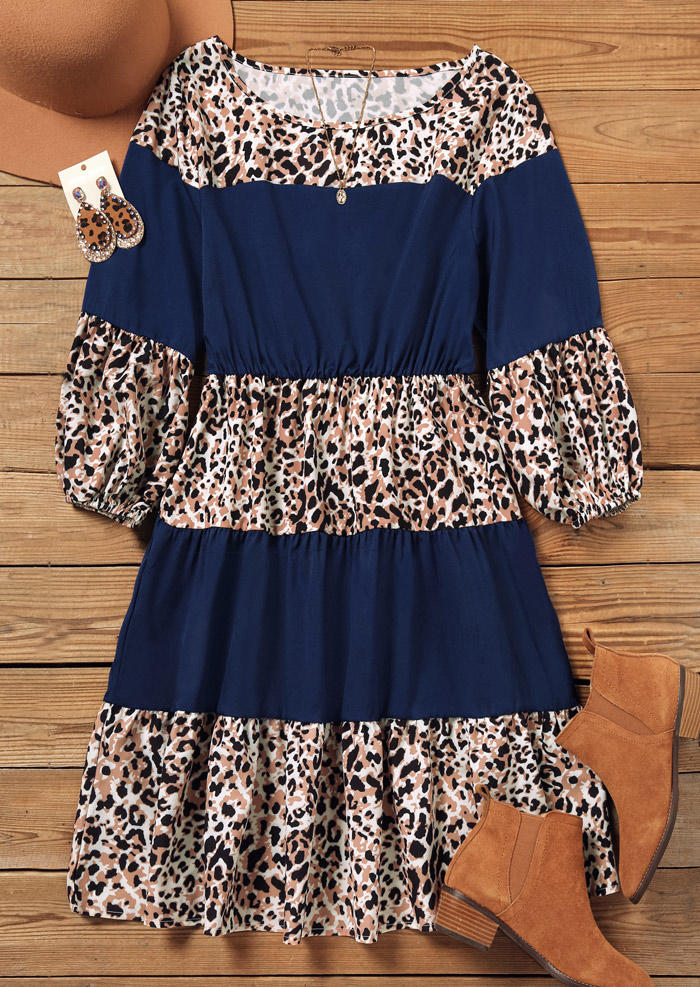 

Mini Dresses Leopard Color Block O-Neck Mini Dress in Multicolor. Size