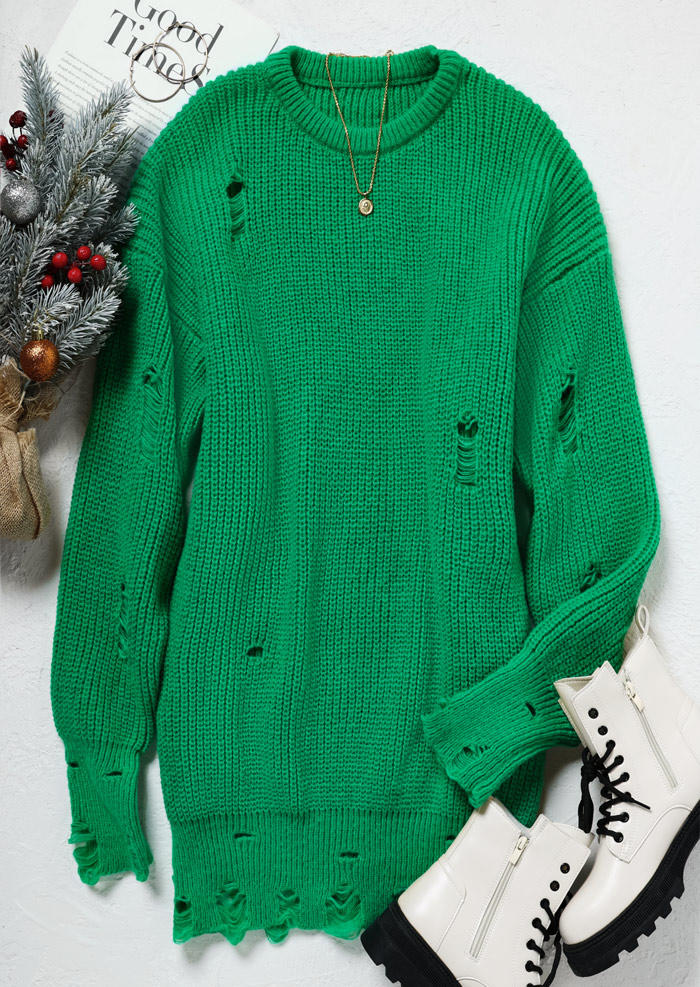 Mini Dresses Hole Drop Shoulder O-Neck Sweater Mini Dress in Green. Size: L,M,S,XL