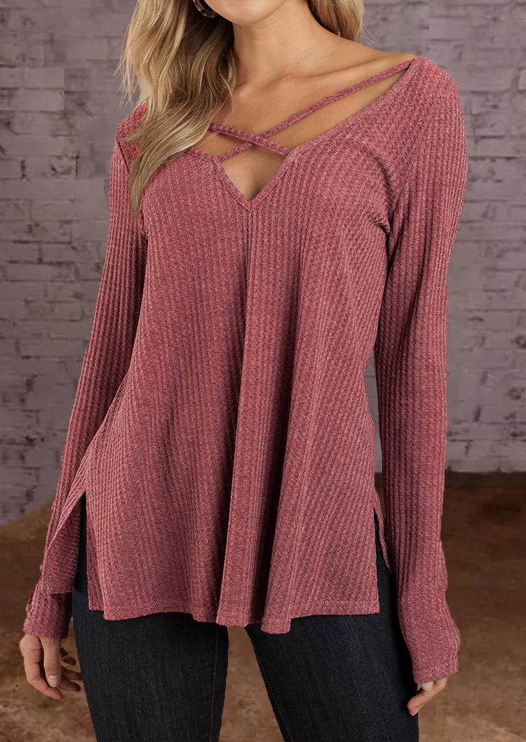 Blouses Criss-Cross Slit Long Sleeve Blouse in Red. Size: L,M,S