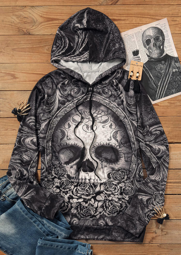 

Hoodies Halloween Horror Skull Floral Hoodie in Black. Size
