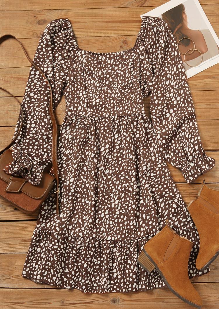 Mini Dresses Leopard Long Sleeve Square Collar Mini Dress in Brown. Size: L,M,S,XL