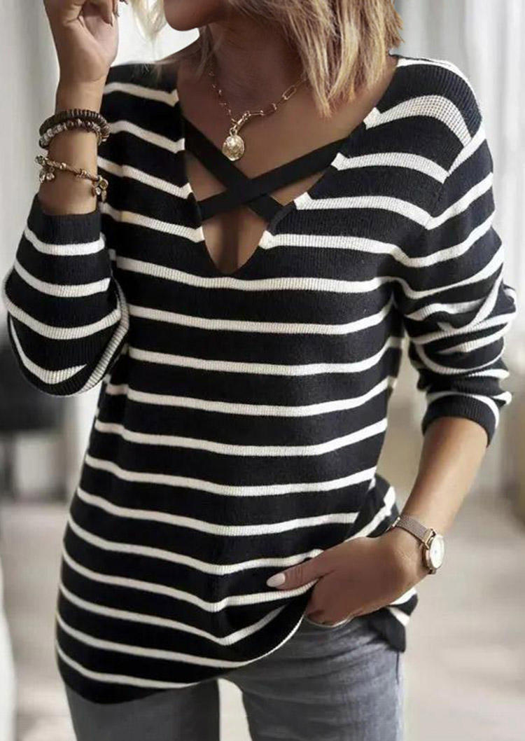 Striped Criss-Cross Long Sleeve Blouse
