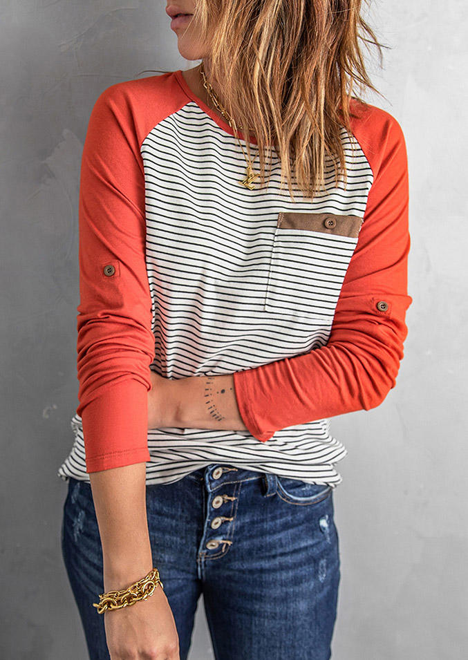

Blouses Color Block Striped Pocket Button Blouse in Orange. Size