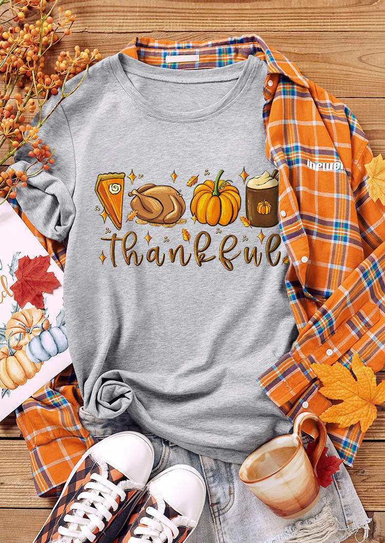 

T-shirts Tees Thankful Pumpkin Drink O-Neck T-Shirt Tee in Gray. Size: L