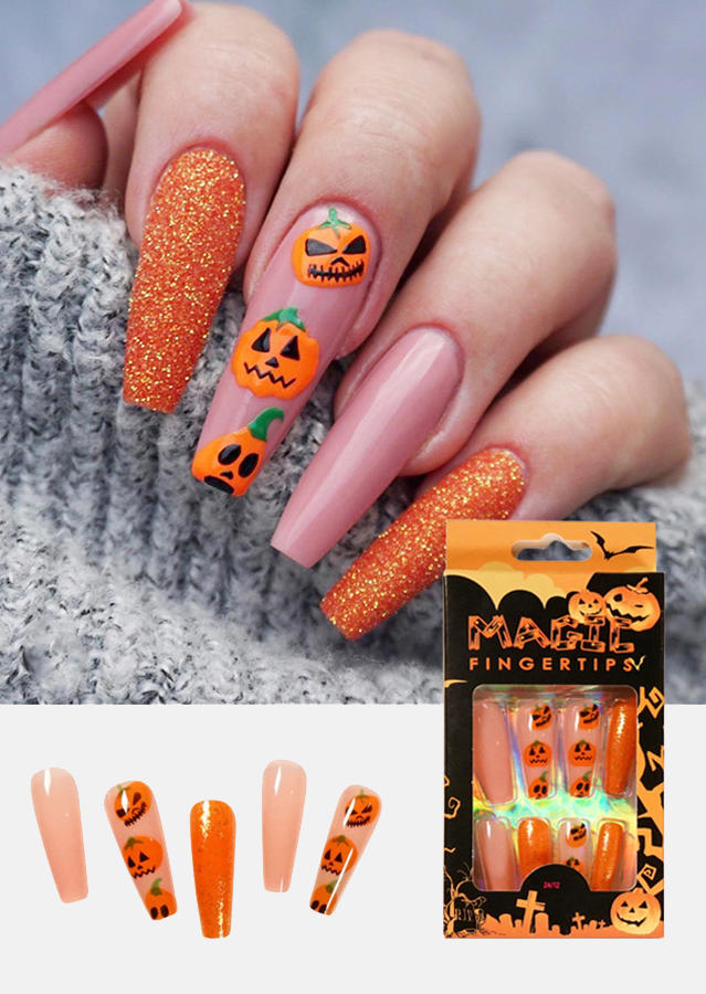 

Beauty Halloween Pumpkin Face Fake Nail Set in Orange. Size