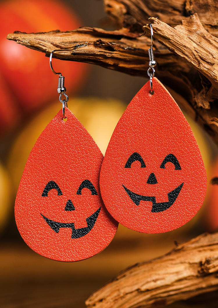 Earrings Halloween Pumpkin Face PU Leather Earrings in Orange. Size: One Size