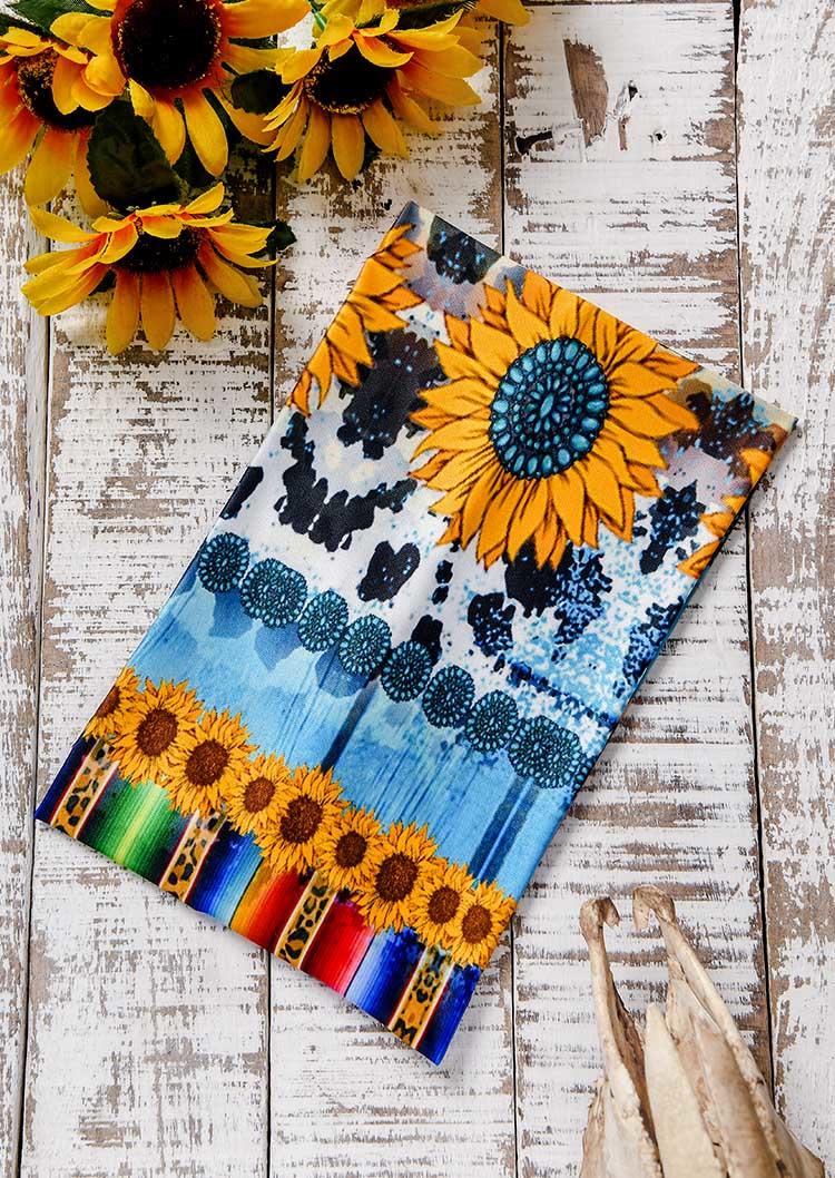Cow Leopard Sunflower Turquoise Elastic Wide Headband in Multicolor. Size: One Size