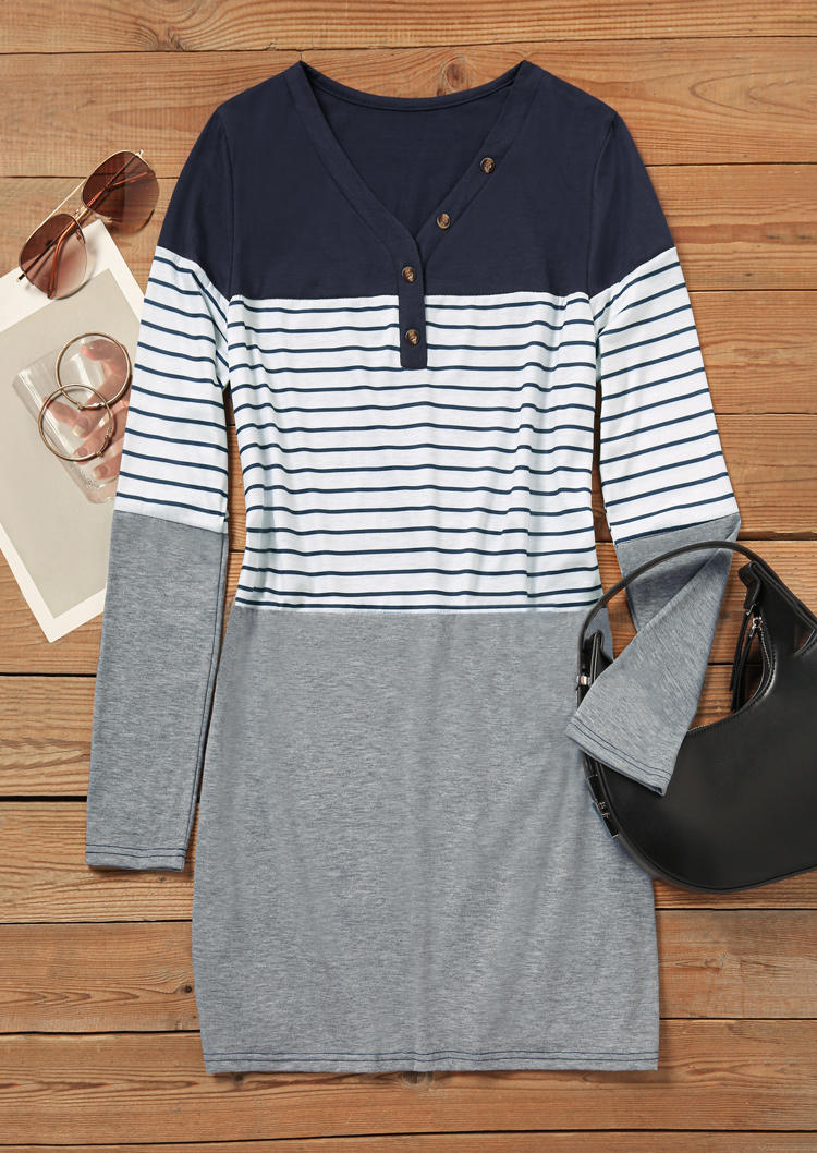

Mini Dresses Striped Color Block Button Long Sleeve Mini Dress in Multicolor. Size: M,,XL