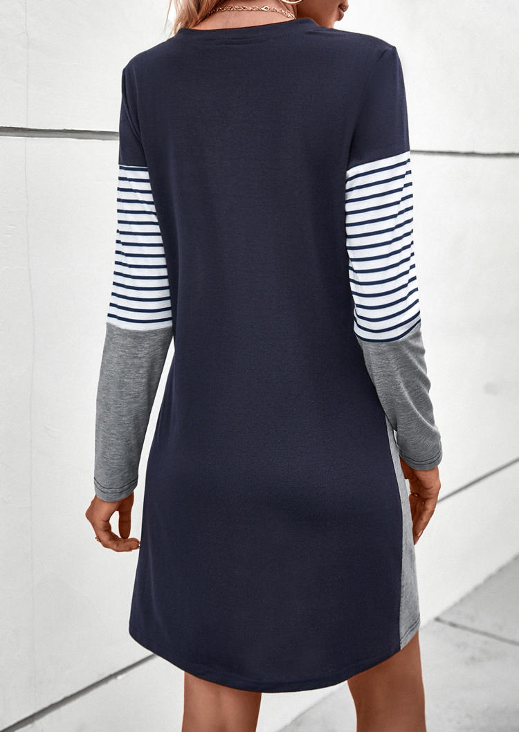 Striped Color Block Button Long Sleeve Mini Dress