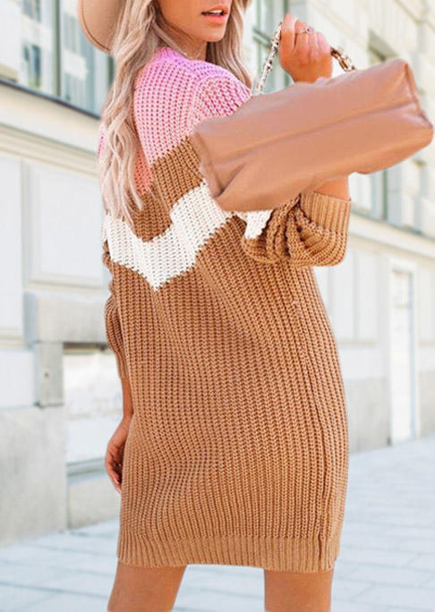 Color Block Knitted Sweater Mini Dress - Khaki