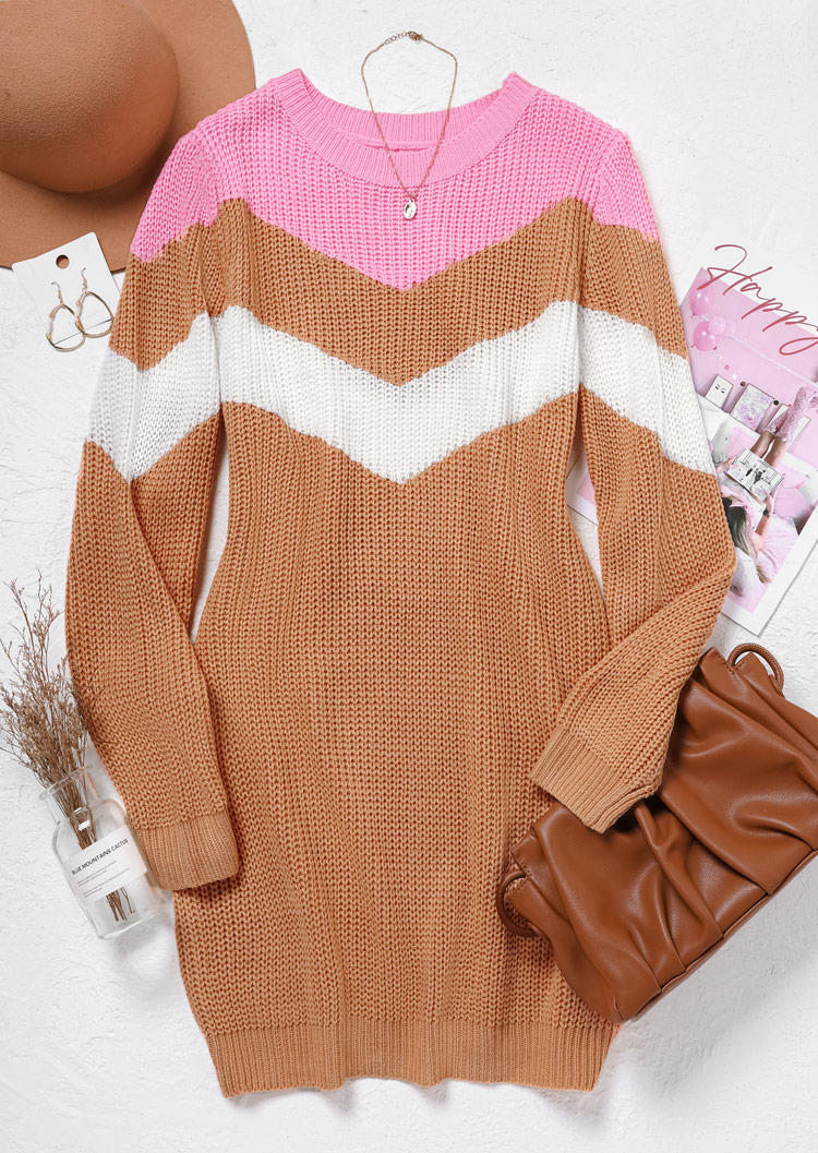 

Sweater Dresses Color Block Knitted Sweater Dress in Khaki. Size: L