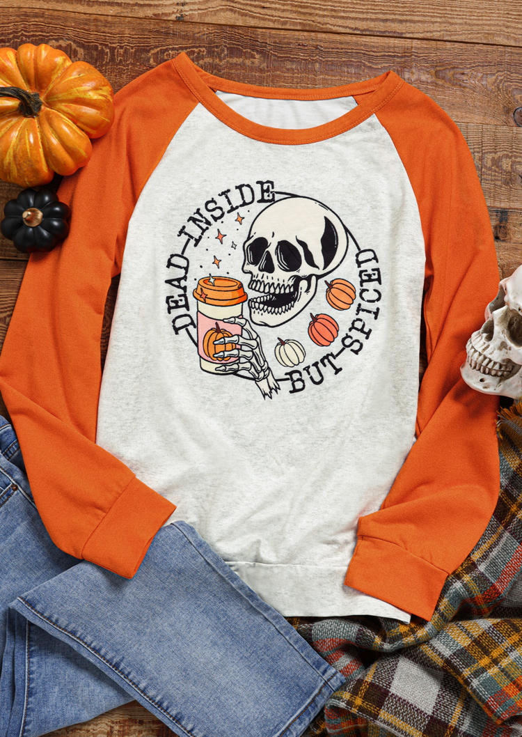Sweatshirts Halloween Dead Inside But Spiced Pumpkin Skeleton Hand Skull Sweatshirt in White. Size: L,M,S,XL
