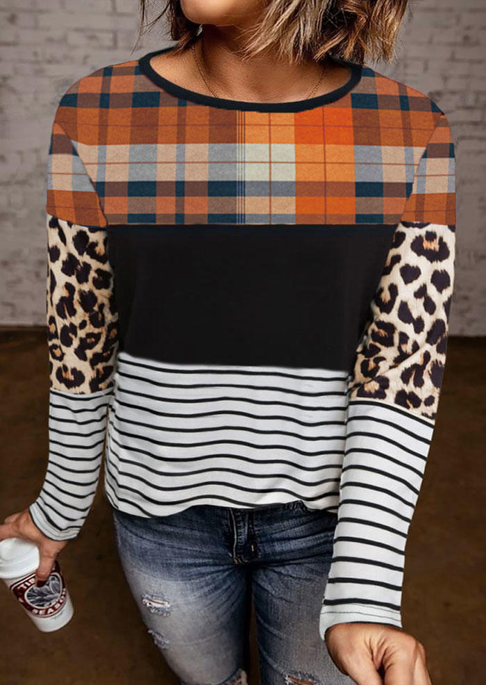 Plaid Leopard Striped Color Block O-Neck Blouse