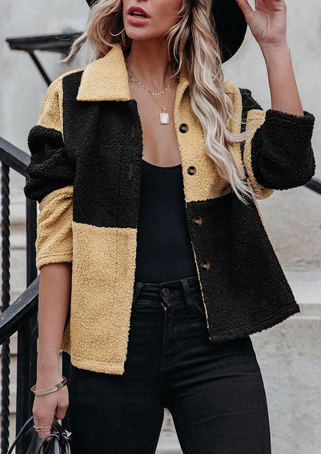 

Coats Color Block Button Plush Turn-Down Collar Coat in Multicolor. Size
