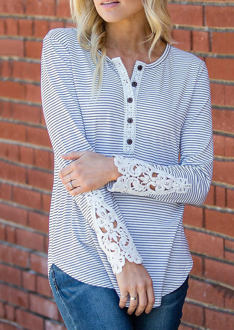 Striped Lace Splicing Button Blouse