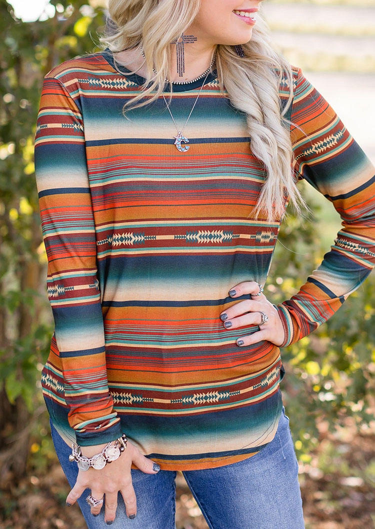 

Blouses Serape Striped Long Sleeve O-Neck Blouse in Multicolor. Size: L,M