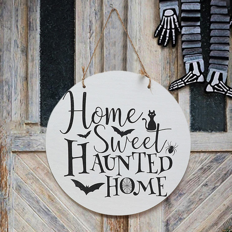 Halloween Home Sweet Haunted Home Wooden Hanging Sign Ornament - White