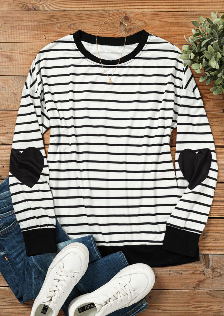 

Blouses Striped Heart Elbow Patch Long Sleeve Blouse in Multicolor. Size