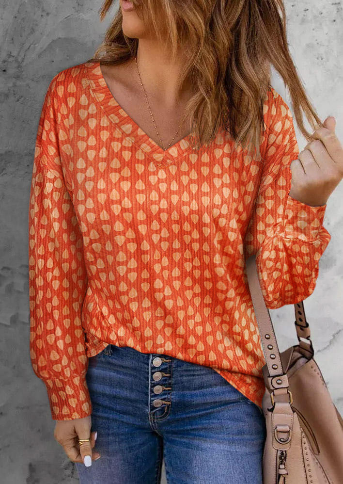 Long Sleeve V-Neck Casual Blouse - Orange