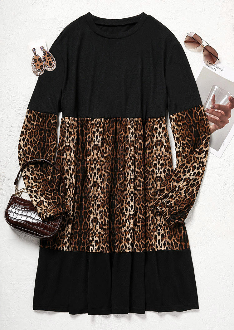Mini Dresses Leopard Color Block Long Sleeve Mini Dress in Black. Size: L,M,S
