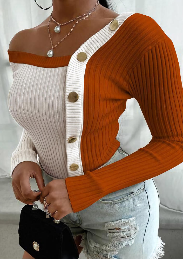 

Blouses Color Block Button Long Sleeve Blouse in Orange. Size: L