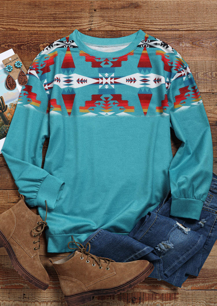 Sweatshirts Aztec Geometric Long Sleeve Pullover Sweatshirt - Lake Blue in Blue. Size: S
