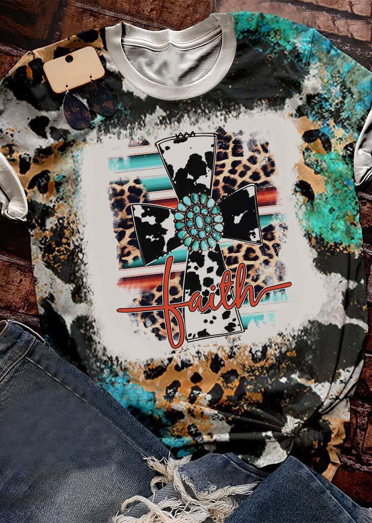 T-shirts Tees Faith Turquoise Leopard Cow O-Neck T-Shirt Tee in Multicolor. Size: S