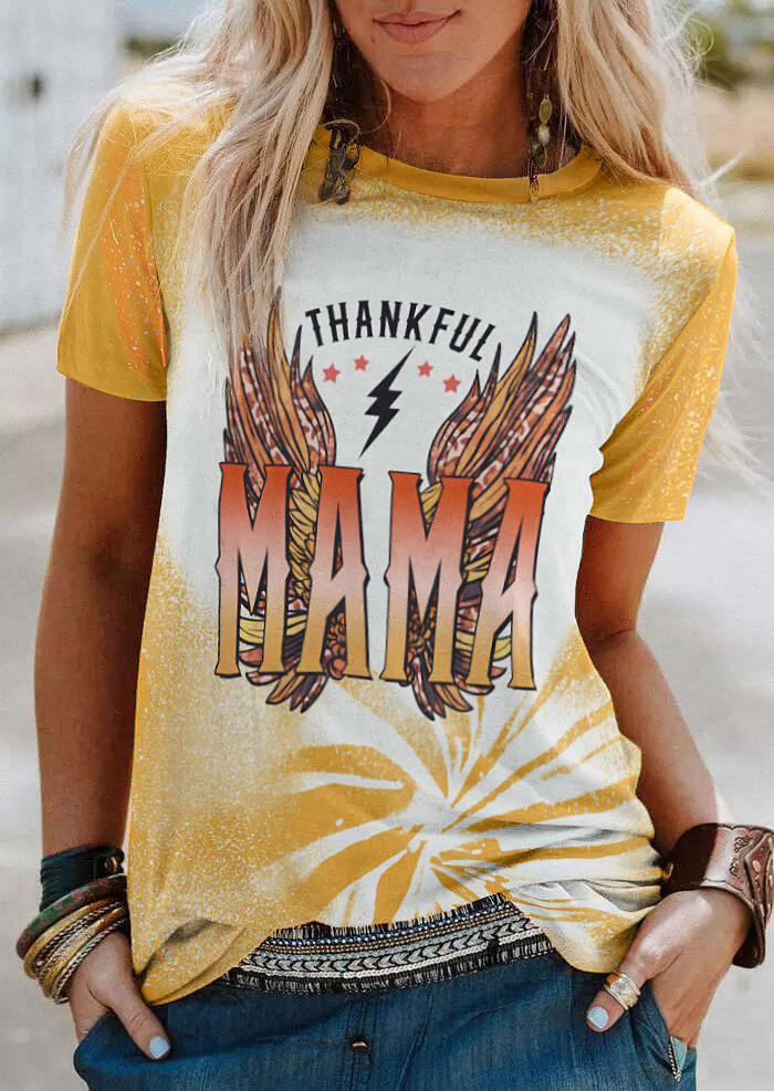 Thankful Mama Bleached O-Neck T-Shirt Tee - Yellow