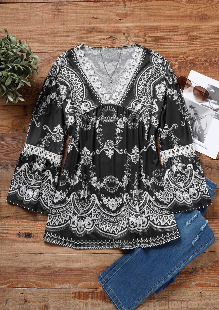Floral Lace Splicing Hollow Out Long Sleeve Blouse - Black