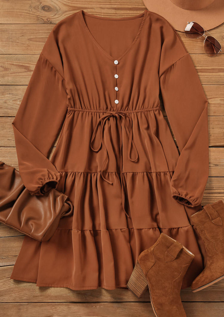Mini Dresses Ruffled Button Tie V-Neck Mini Dress in Brown. Size: L,M,S,XL