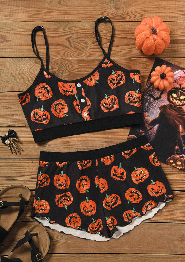 Sleepwear Halloween Pumpkin Face Camisole And Shorts Pajamas Set in Black. Size: S