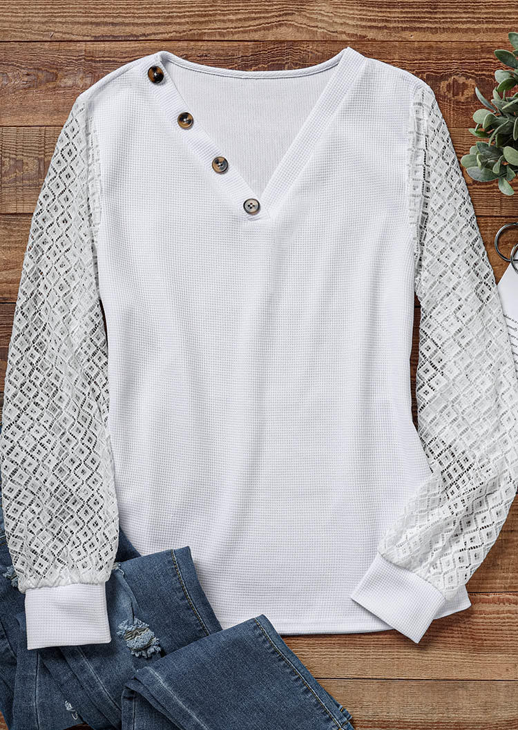 Blouses Lace Splicing Button Long Sleeve Blouse in White. Size: L,XL