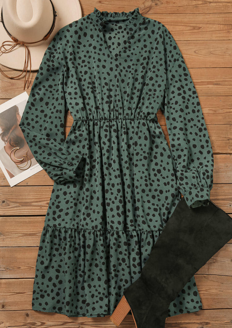 

Mini Dresses Dot Ruffled Button Long Sleeve V-Neck Mini Dress in Green. Size