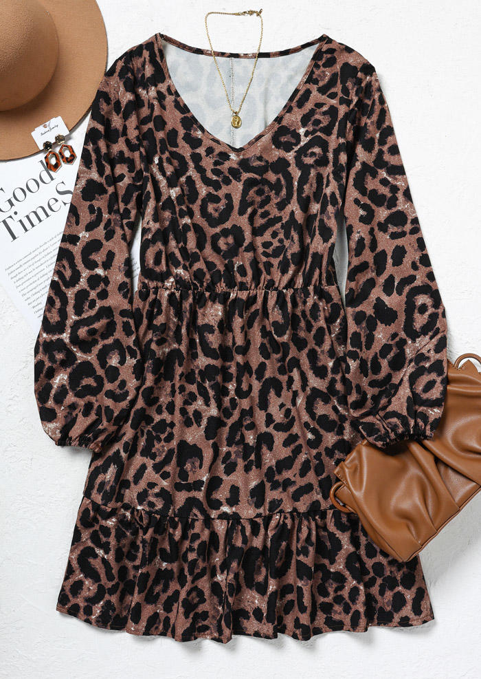 Mini Dresses Leopard Ruffled Elastic Cuff Mini Dress in Multicolor. Size: S