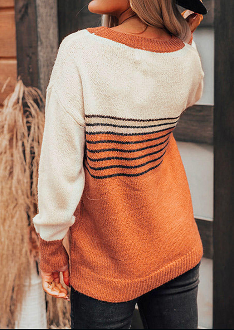 Sweaters Striped Color Block Long Sleeve Sweater in Orange. Size: L,M,S,XL