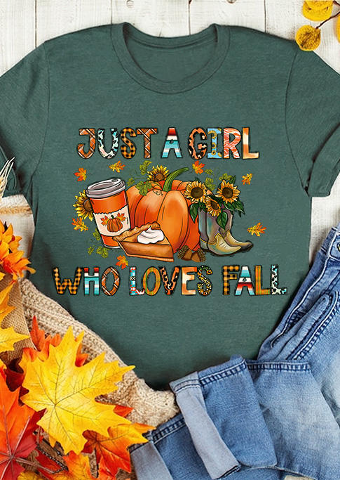 T-shirts Tees Just A Girl Who Loves Fall Pumpkin Serape Striped Drink T-Shirt Tee in Green. Size: L,M,S