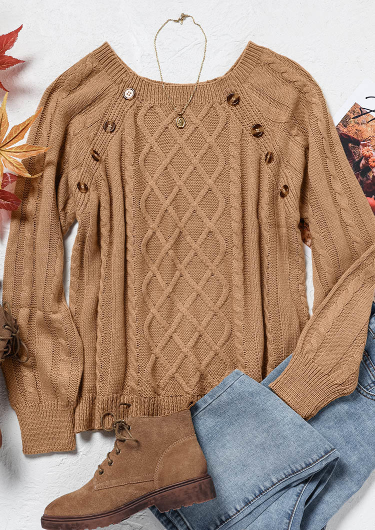 

Sweaters Button Raglan Sleeve Knitted Sweater - Camel in Khaki. Size