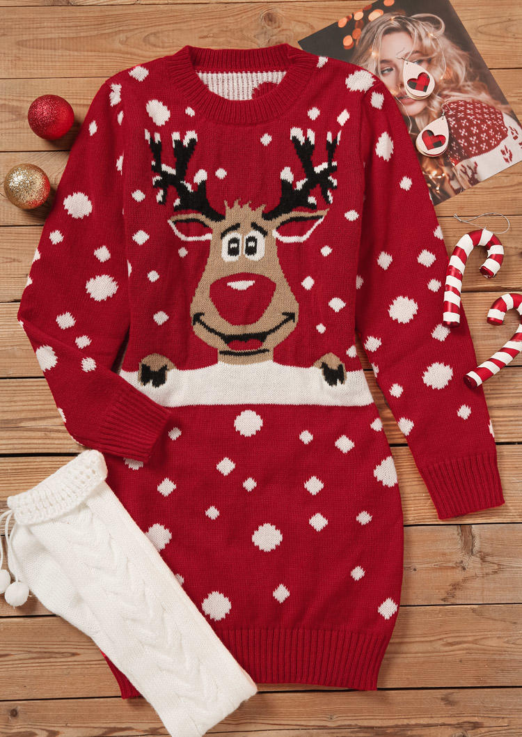 Mini Dresses Christmas Reindeer O-Neck Sweater Mini Dress in Red. Size: L,M,S,XL