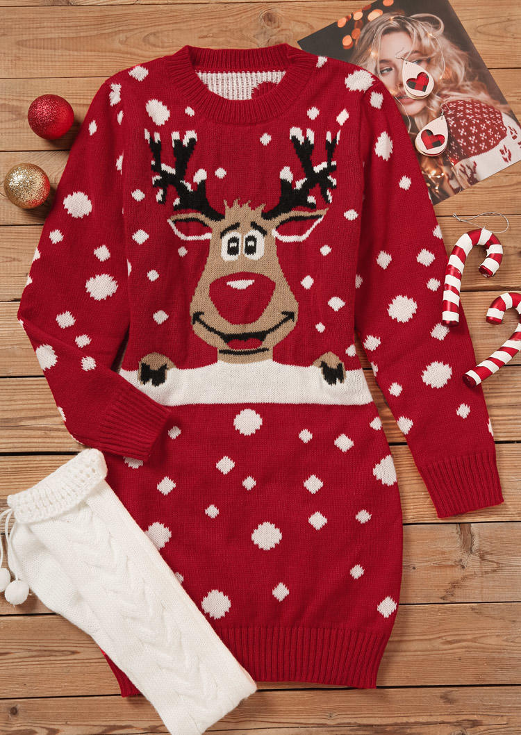 

Sweater Dresses Christmas Reindeer O-Neck Sweater Dress in Red. Size