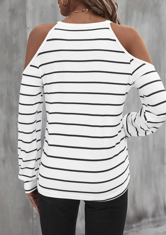 Blouses Striped Cold Shoulder Long Sleeve Blouse in White. Size: L,XL