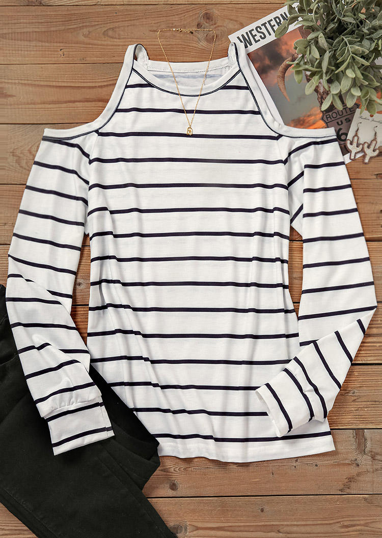 Striped Cold Shoulder Long Sleeve Blouse - White