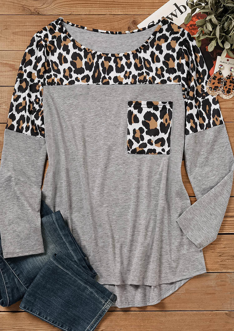 Blouses Leopard Color Block Pocket O-Neck Blouse in Gray. Size: L,M,S,XL