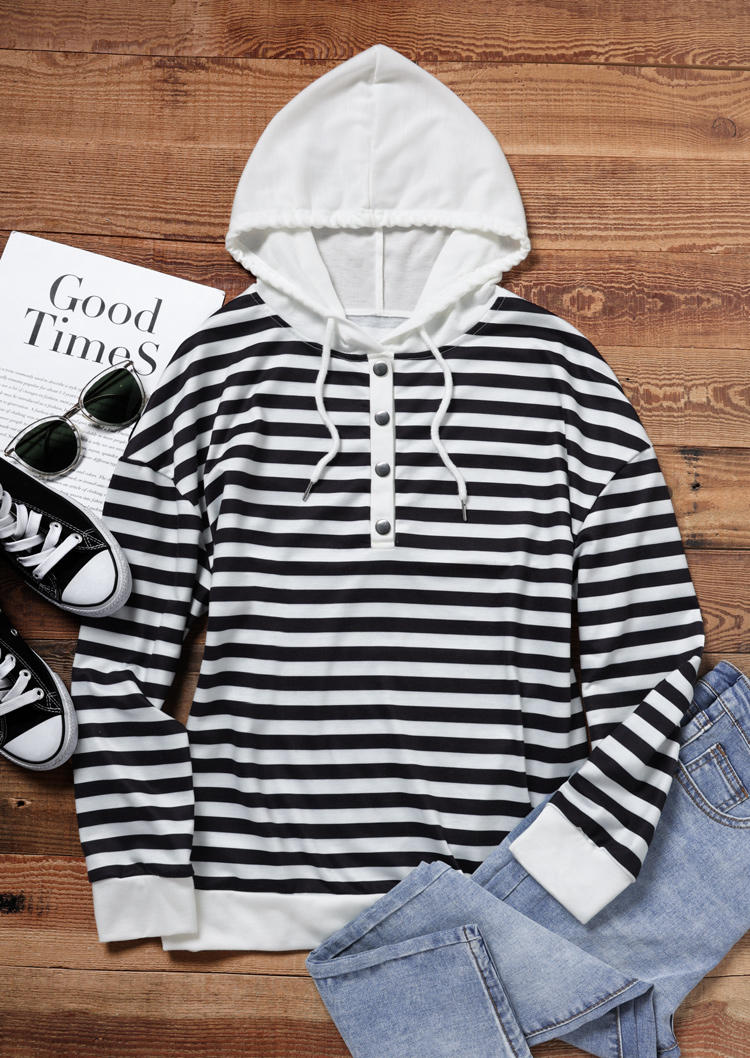 

Hoodies Striped Snap Button Hoodie in Multicolor. Size