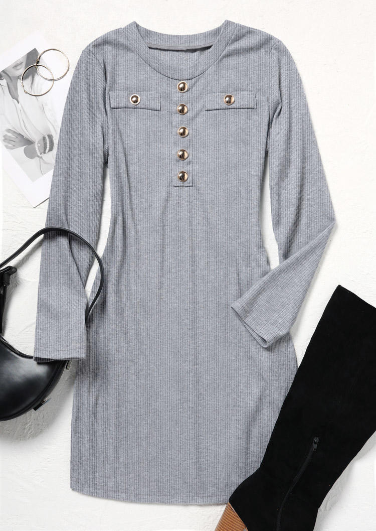 

Bodycon Dresses Button Long Sleeve Knitted O-Neck Bodycon Dress in Gray. Size: ,XL