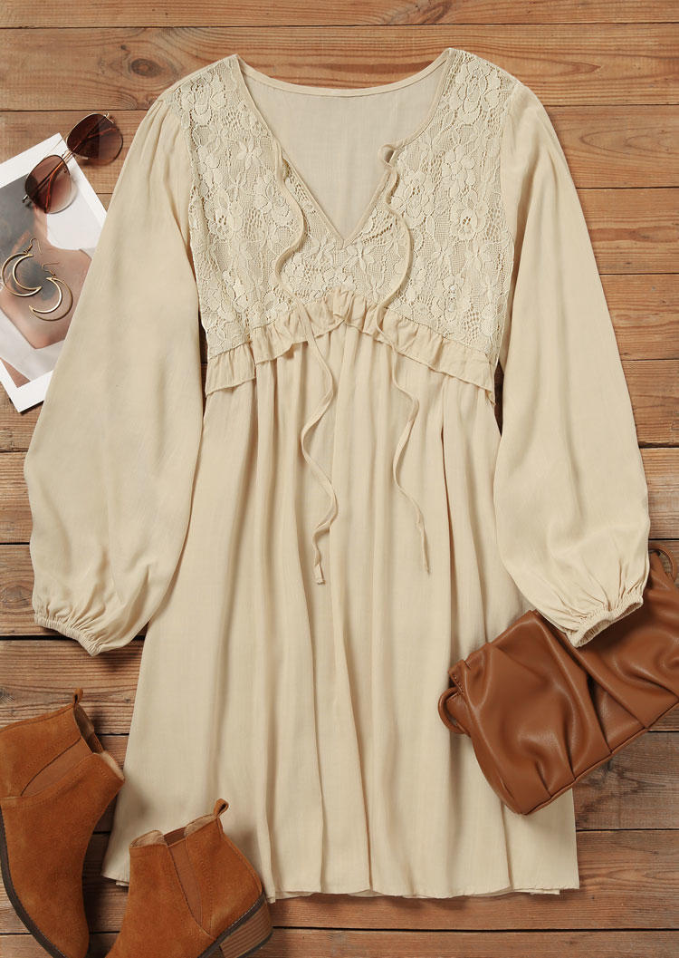 

Mini Dresses Lace Splicing Ruffled Elastic Cuff Mini Dress in Apricot. Size: L,M,,XL