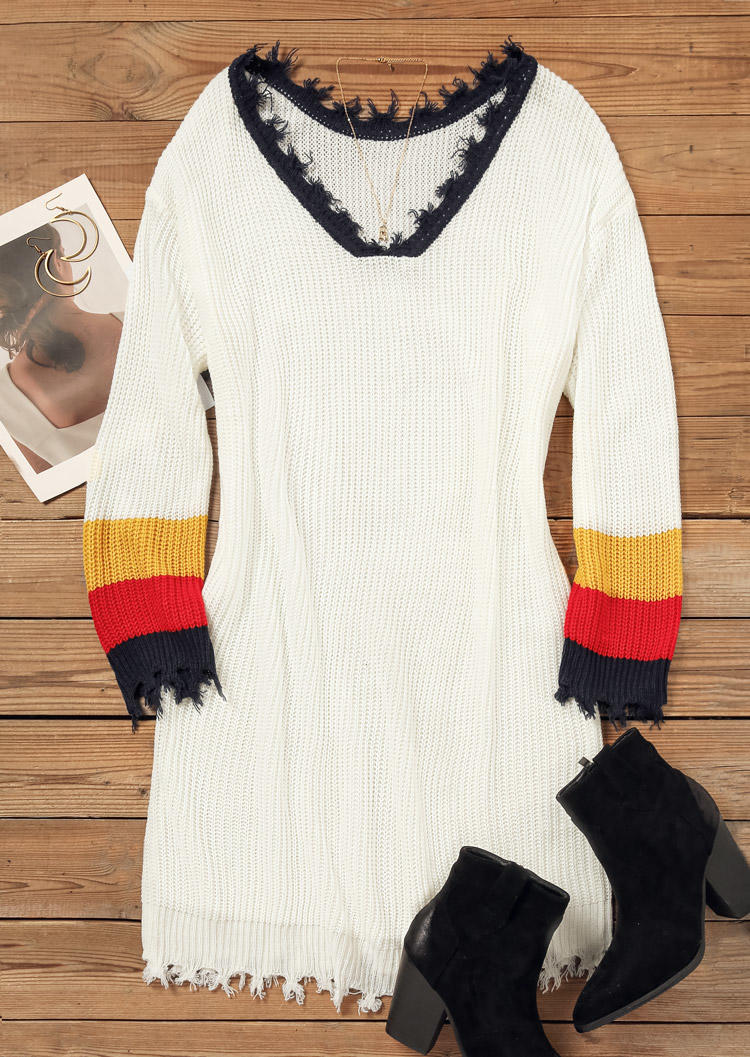 

Sweater Dresses Color Block Frayed Hem Sweater Dress in White. Size: L