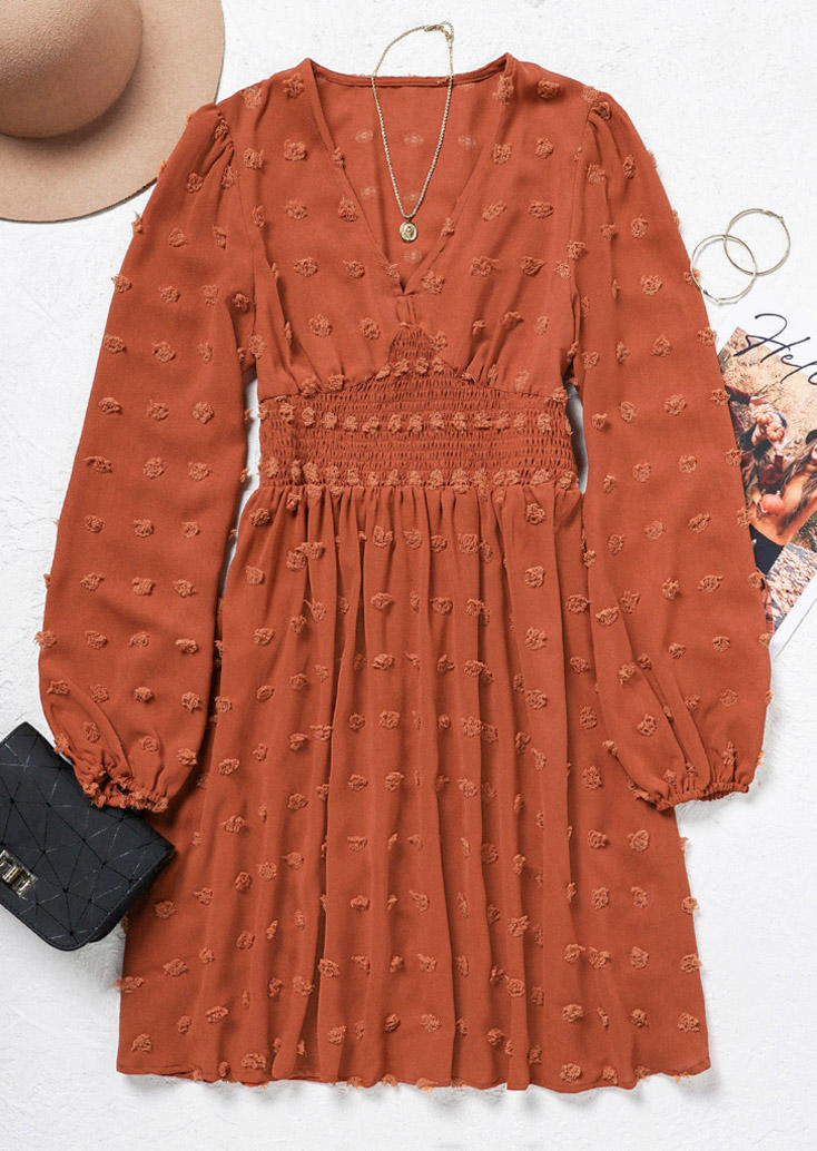 

Mini Dresses Dotted Swiss Smocked V-Neck Mini Dress in Brown. Size